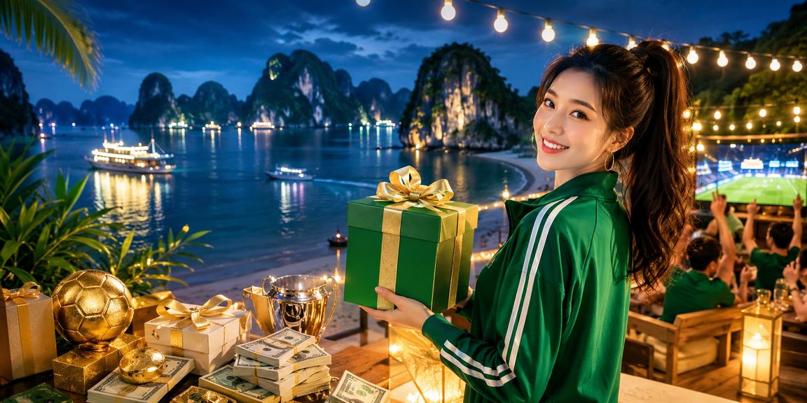 Cảnh bãi biển Hạ Long buổi chiều, người dùng thư giãn và xem lại kết quả phân tích kèo trên thiết bị di động