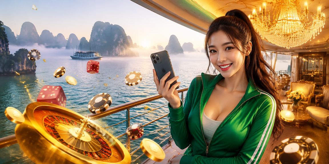 Người chơi tại Hạ Long mở ứng dụng kiểm tra kèo thể thao và nhận thưởng hoàn trả trên điện thoại bên bờ biển